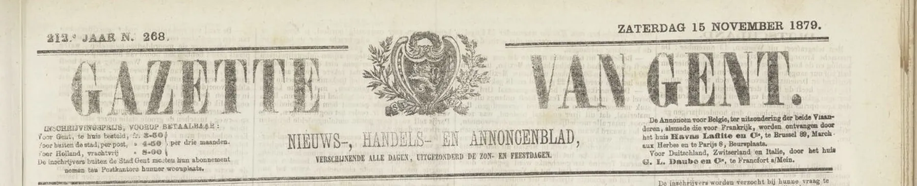 Kop van de Gazette van Gent van 15 november 1879