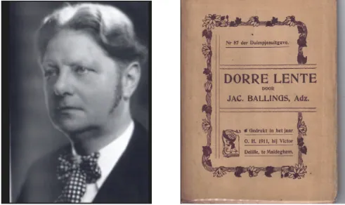 Portret van Jaak Ballings naast de omslag van zijn boek 'Dorre Lente' (1911)