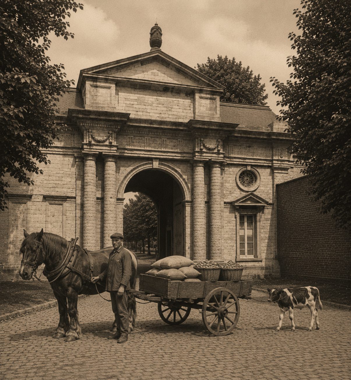 Een knecht levert met paard en kar granen, aardappelen en een kalf af aan de abdijpoort