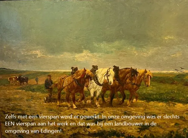 Schilderij van een vierspan trekpaarden op het veld