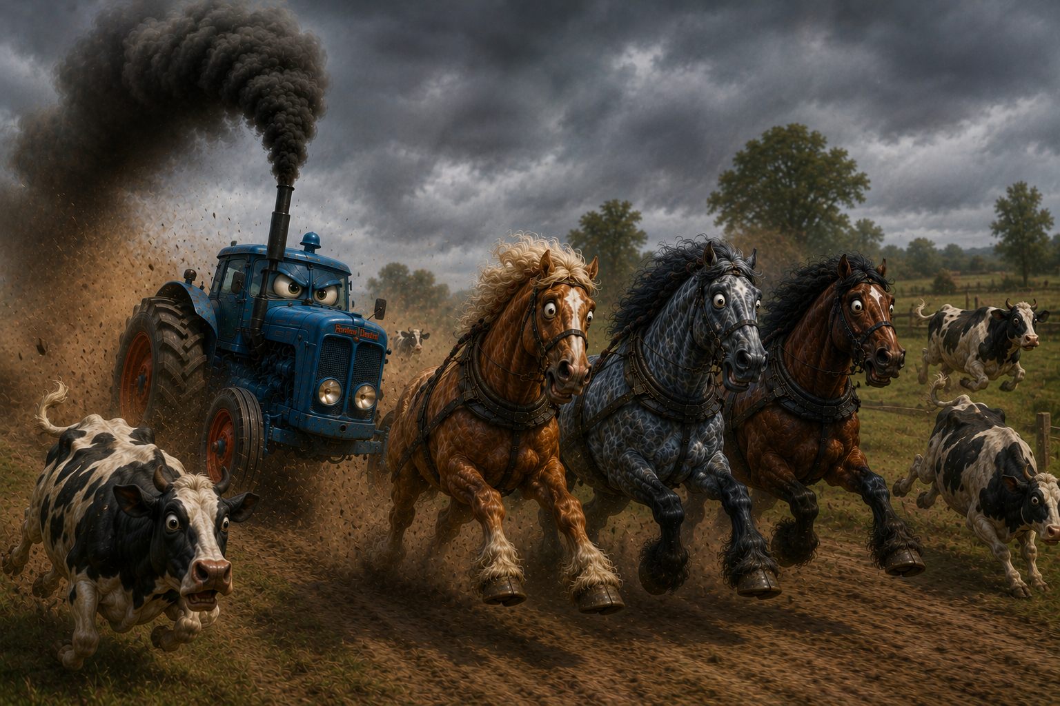 Cartoon waarin opgeschrikte trekpaarden en koeien wegvluchten voor een Fordson-tractor