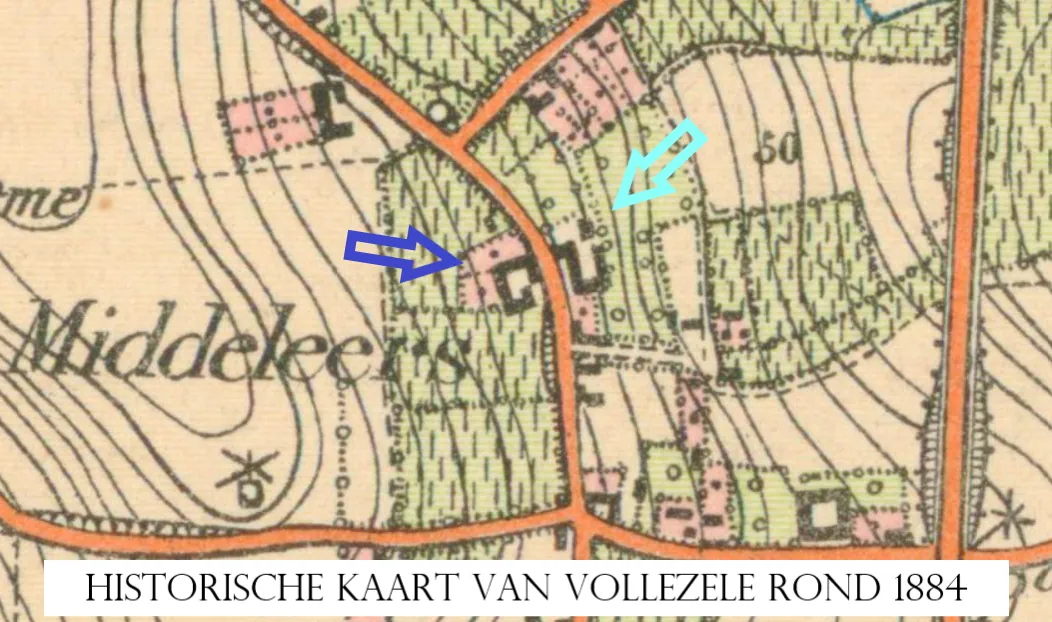 Kaart van Vollezele uit 1884 met het Hof te Fonteyntjes en het Hof te Reepingen