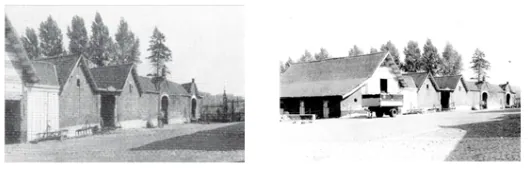 Twee historische foto's van het wagenhuys met de veulenstalletjes