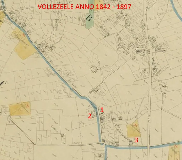 Kaart van Vollezele (1842-1897) met de drie stoeterijen aangeduid